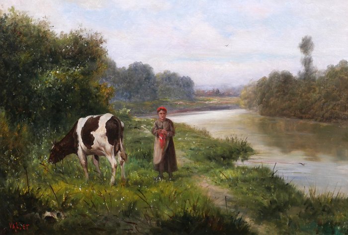 Preview of the first image of French school (XIX) - Landscape with cow and young woman.