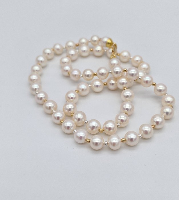 Image 3 of 18 kt. White gold, Yellow gold - Necklace - Akoya pearls from 7.2 to 7.5 mm / 18kt yellow and white