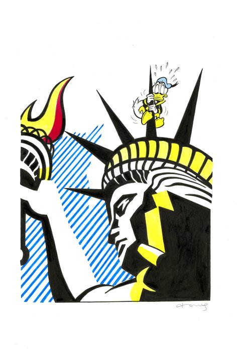 Image 3 of Donald Duck Inspired By Roy Lichtenstein "I Love Liberty" (1982) - Large Painting - 70 x 50 cm - To