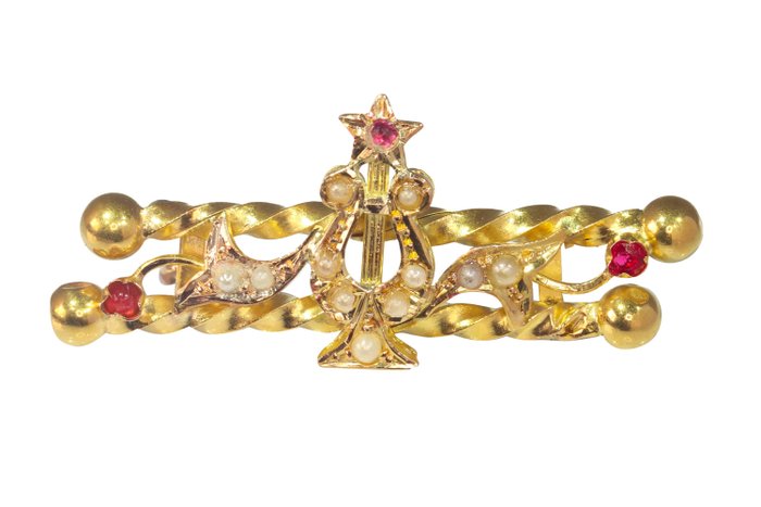 Image 3 of NO RESERVE PRICE - 18 kt. Yellow gold - Brooch - Red Strass, Pearl, Vintage antique anno 1890
