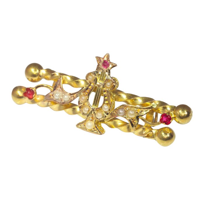 Preview of the first image of NO RESERVE PRICE - 18 kt. Yellow gold - Brooch - Red Strass, Pearl, Vintage antique anno 1890.