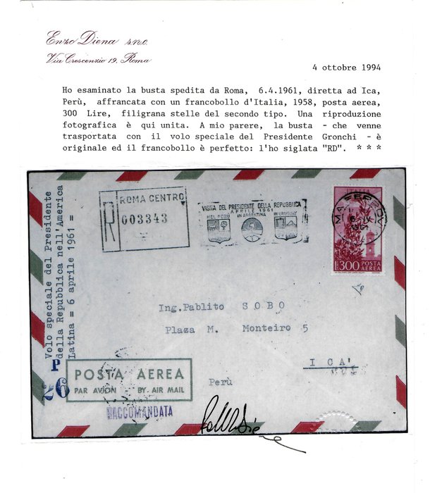 Image 3 of Italian Republic 1961 - 300 lire airmail circulated to Ica (Peru) with special flight of President