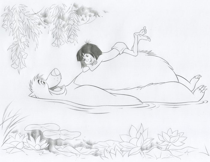 Preview of the first image of Mowgli & Baloo [The Jungle Book, 1967] - Best Friends! - Original Drawing - Jaume Esteve - Signed -.