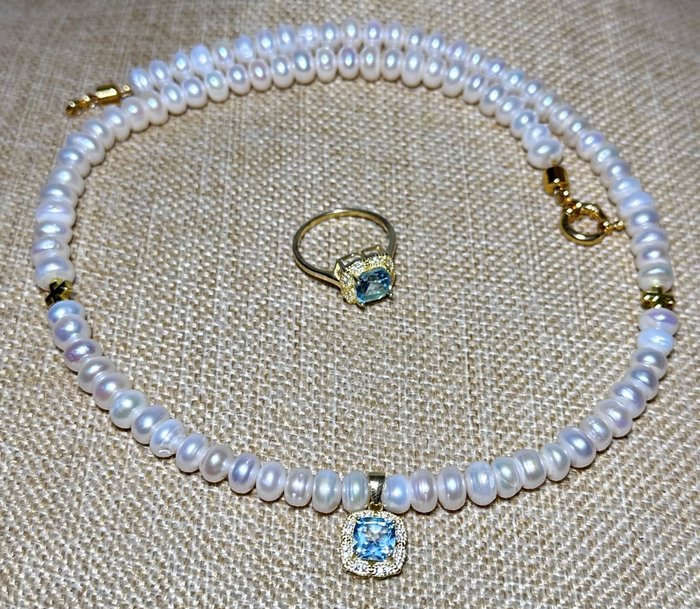 Image 3 of Exclusivenecklace , from White PearlTOP QUALITYwithpendantand ring - withAquamarine (AAA) andGreek