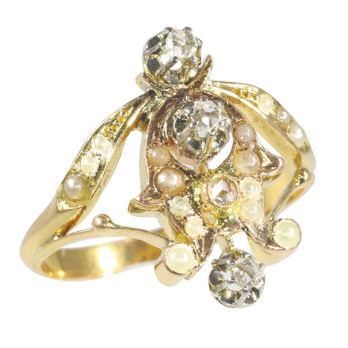 Preview of the first image of NO RESERVE PRICE - 18 kt. Yellow gold - Ring Diamond - Pearl, Vintage anno 1920, Free Resizing*.