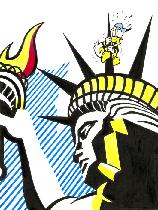 Preview of the first image of Donald Duck Inspired By Roy Lichtenstein "I Love Liberty" (1982) - Large Painting - 70 x 50 cm - To.