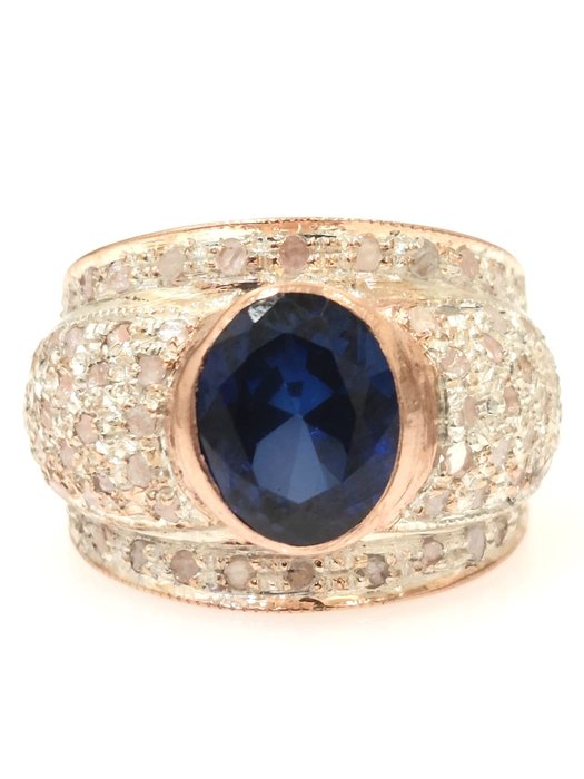 Preview of the first image of "NO RESERVE PRICE" - 9 kt. Pink gold, Silver - Ring - 3.00 ct Sapphire - Diamonds.