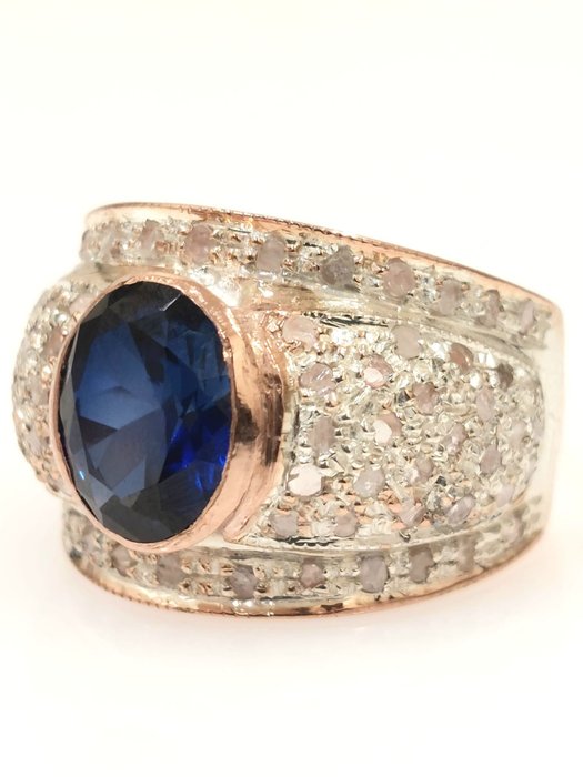 Image 2 of "NO RESERVE PRICE" - 9 kt. Pink gold, Silver - Ring - 3.00 ct Sapphire - Diamonds