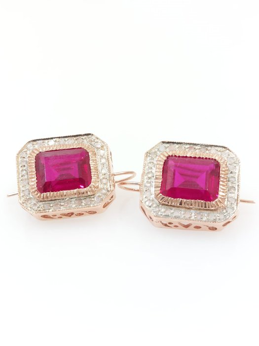 Image 3 of "NO RESERVE PRICE" - 9 kt. Pink gold, Silver - Earrings - 3.00 ct Ruby - Diamonds