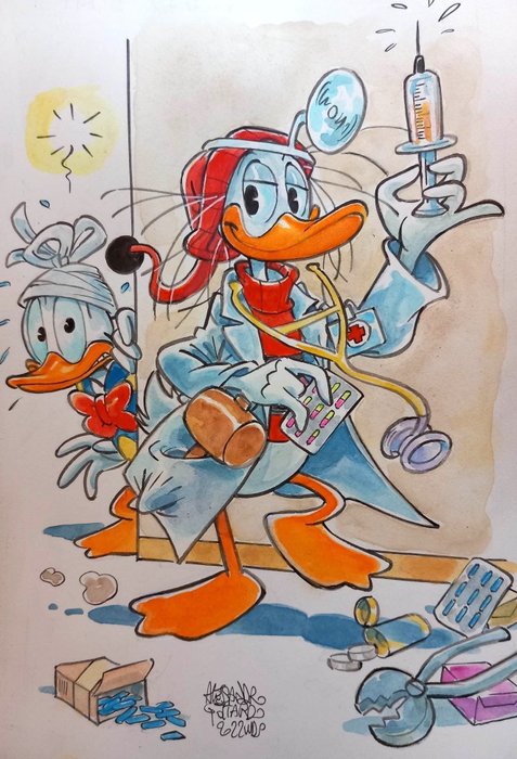 Preview of the first image of Donald Duck - "Le generose cure di Paperoga" - Signed Original Watercolour Painting by Alessandro G.