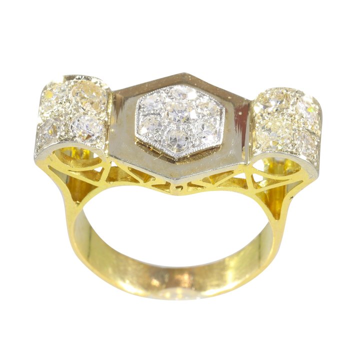 Preview of the first image of 18 kt. Yellow gold - Ring - Diamonds, total diamond weight 1.44 crt, Vintage 1950's Fifties, Free R.