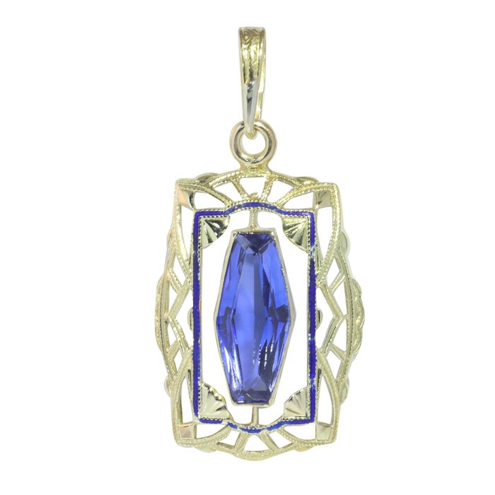 Preview of the first image of NO RESERVE PRICE - 14 kt. Yellow gold - Pendant Sapphire - Vintage 1920's Art Deco.