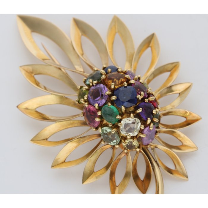 Image 3 of 18 kt. Yellow gold - Brooch Emerald - Sapphires