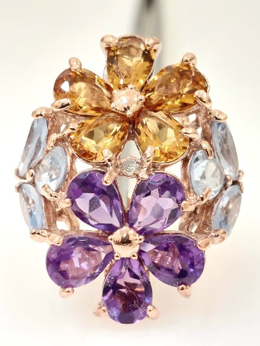 Preview of the first image of "NO RESERVE PRICE" - 9 kt. Pink gold - Ring - 0.03 ct Diamond - Amethysts, Aquamarines, Topaz.