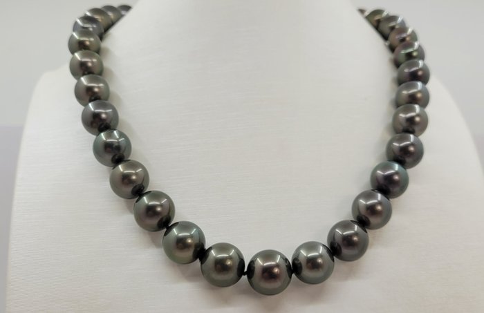 Preview of the first image of Pearl Science Lab Certificate - Tahitian Pearls 10.0x12.2 - 14 kt. Yellow gold - Necklace.