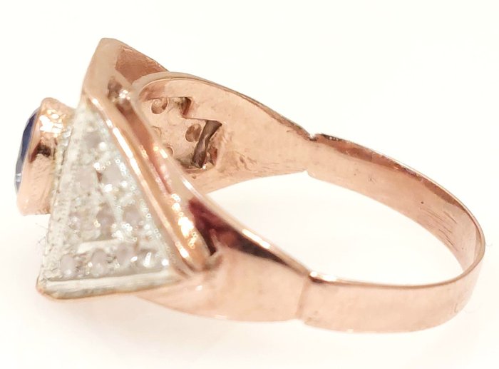 Image 3 of "NO RESERVE PRICE" - Art Déco - 9 kt. Pink gold, Silver - Ring - 0.60 ct Sapphire - Diamonds