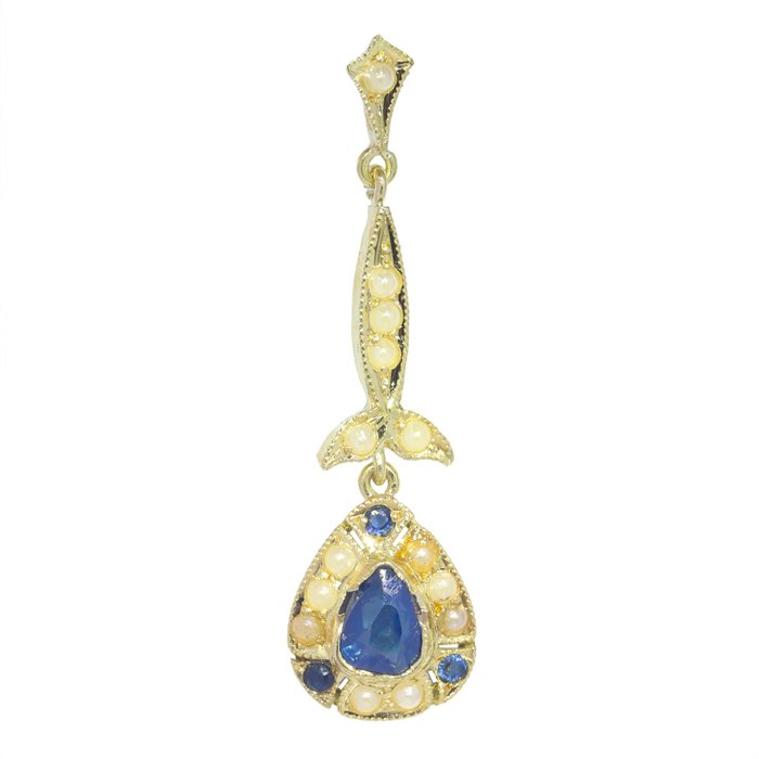 Preview of the first image of NO RESERVE PRICE - 18 kt. Yellow gold - Pendant Sapphire - Pearl, Vintage anno 1940.