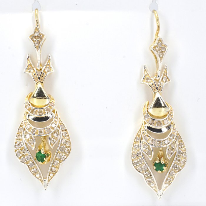 Preview of the first image of 14 kt. Gold, Silver - Earrings Emerald - Diamonds.