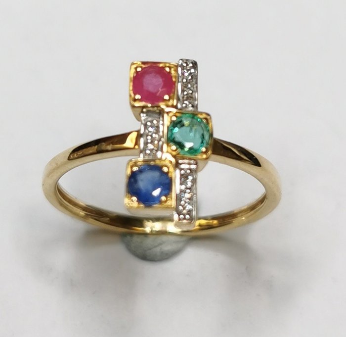 Image 3 of 18 kt. Gold - Ring - Diamonds, Emeralds, Rubies, Sapphires