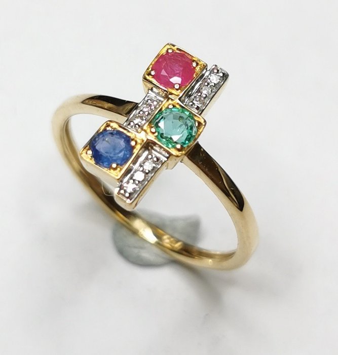 Preview of the first image of 18 kt. Gold - Ring - Diamonds, Emeralds, Rubies, Sapphires.