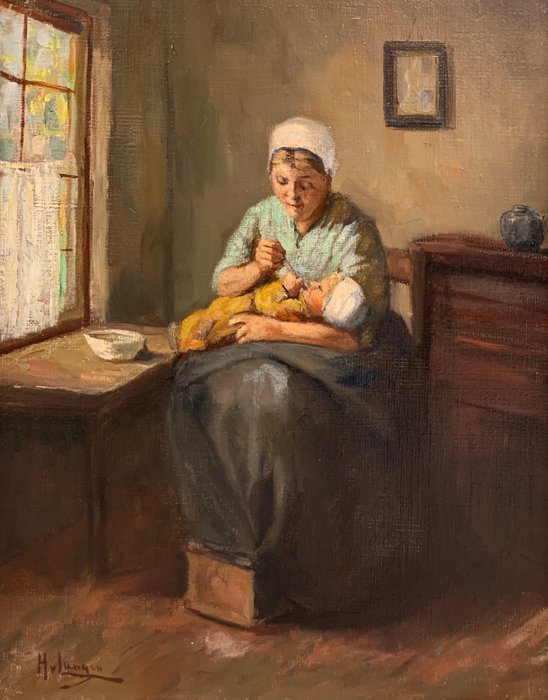 Preview of the first image of Henrikus van Langen (1874-1964) - Moeder en kind in oud interieur.