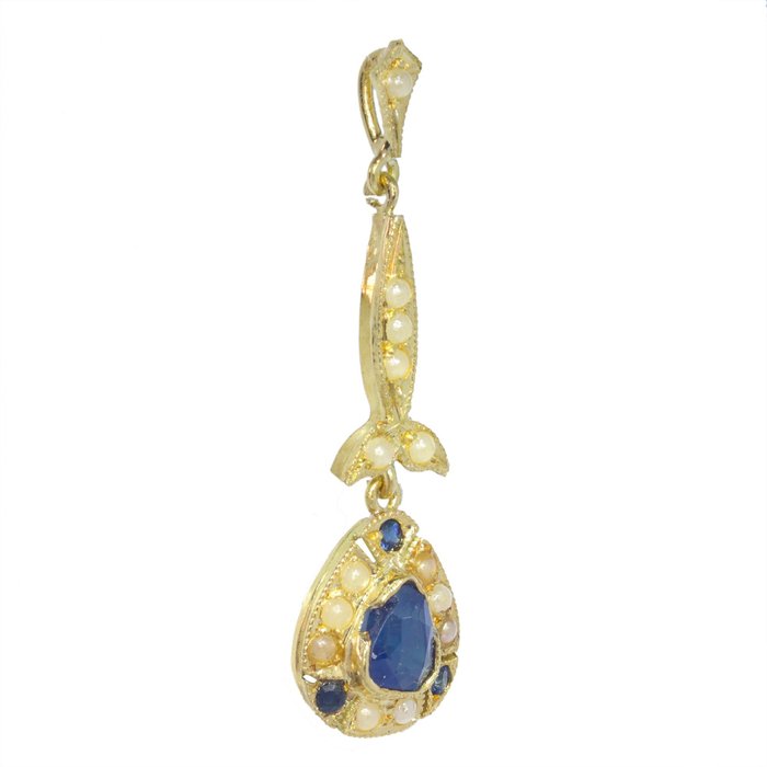 Image 3 of NO RESERVE PRICE - 18 kt. Yellow gold - Pendant Sapphire - Pearl, Vintage anno 1940