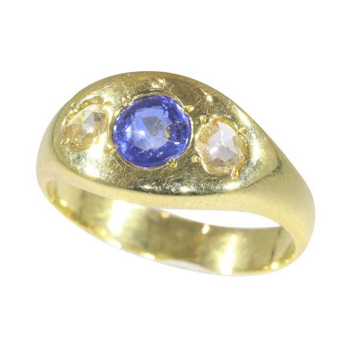 Preview of the first image of 18 kt. Yellow gold - Ring - 0.75 ct Sapphire - Diamonds, Vintage anno 1930, Free Resizing*.