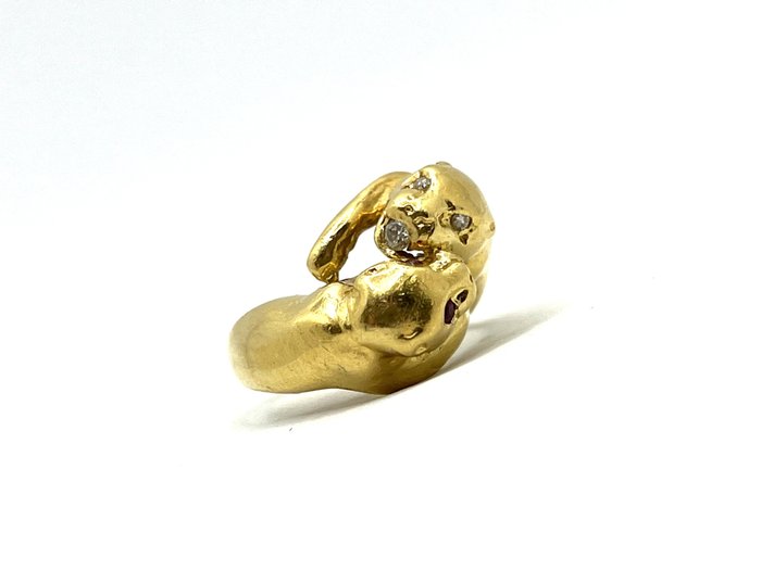 Preview of the first image of 18 kt. Yellow gold - Ring - 0.07 ct Diamond - Rubies.