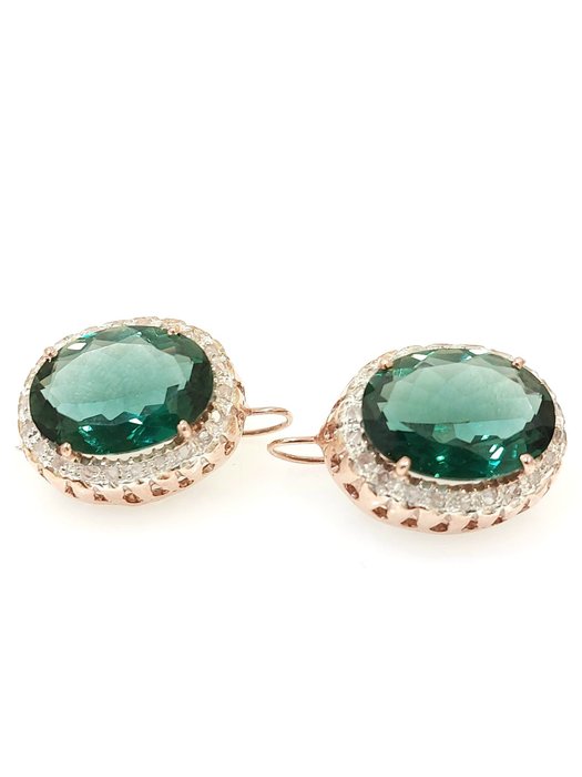 Preview of the first image of " NO RESERVE PRICE" - 9 kt. Pink gold, Silver - Earrings - 5.00 ct Emerald - Diamonds.