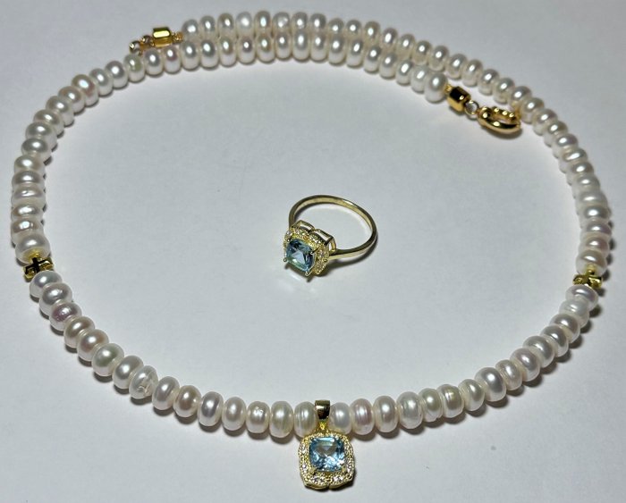 Preview of the first image of Exclusivenecklace , from White PearlTOP QUALITYwithpendantand ring - withAquamarine (AAA) andGreek.