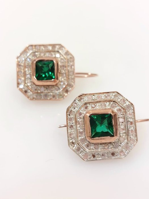 Image 3 of "NO RESERVE PRICE" - 9 kt. Pink gold, Silver - Earrings - 1.00 ct Emerald - Diamonds