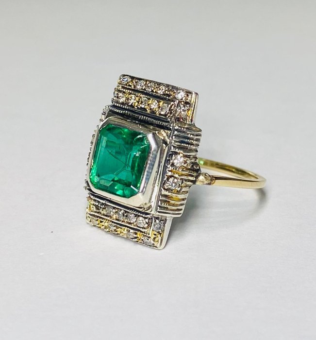 Image 2 of senza prezzo di riserva - 14 kt. Gold, Silver - Ring - 2.05 ct Emerald - Diamonds