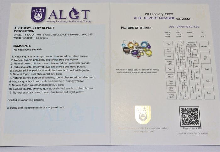 Image 3 of ALGT Certificaat - 14 kt. Gold, White gold - Necklace - 30.00 ct Topaz - Amethysts, Citrines, Garne