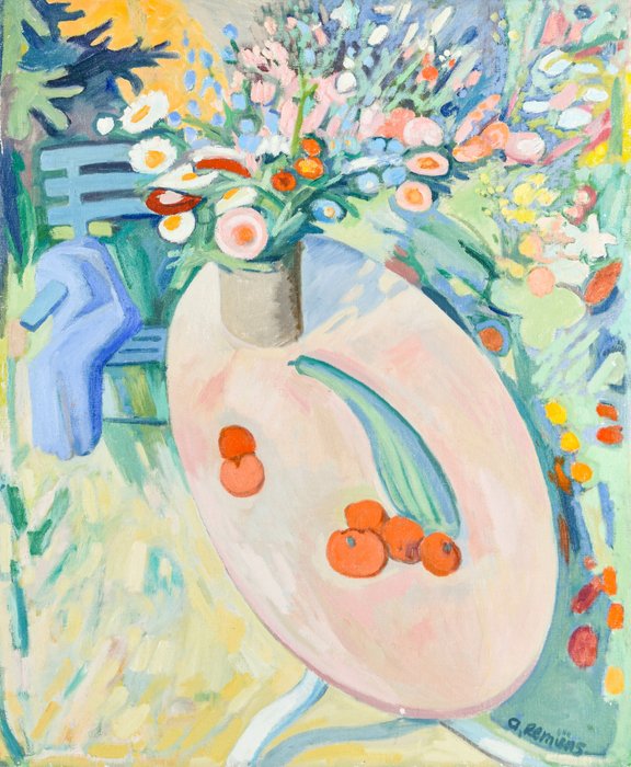 Preview of the first image of Adrianus Remiens (1890-1972) - A garden table with a bunch of flowers.