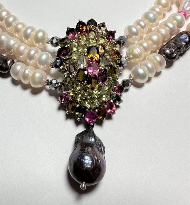 Image 2 of Exclusivenecklace , from White Pearl and Black Keshi TOP QUALITY - withpendantwithTourmaline and Pe