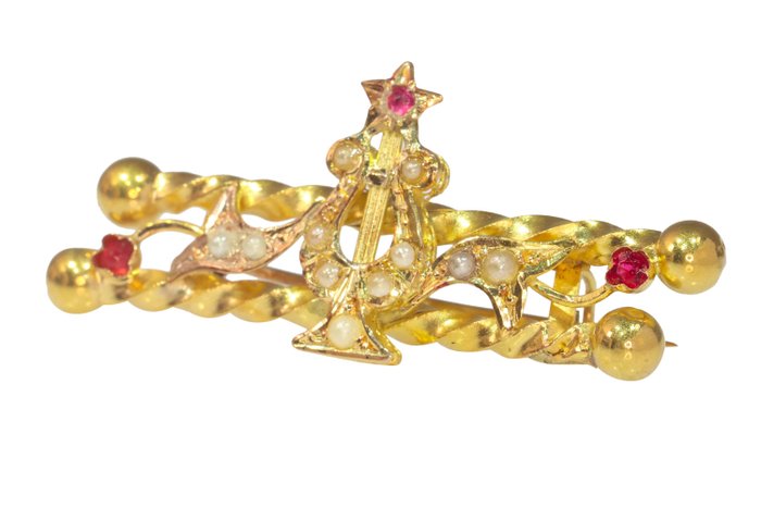 Image 2 of NO RESERVE PRICE - 18 kt. Yellow gold - Brooch - Red Strass, Pearl, Vintage antique anno 1890