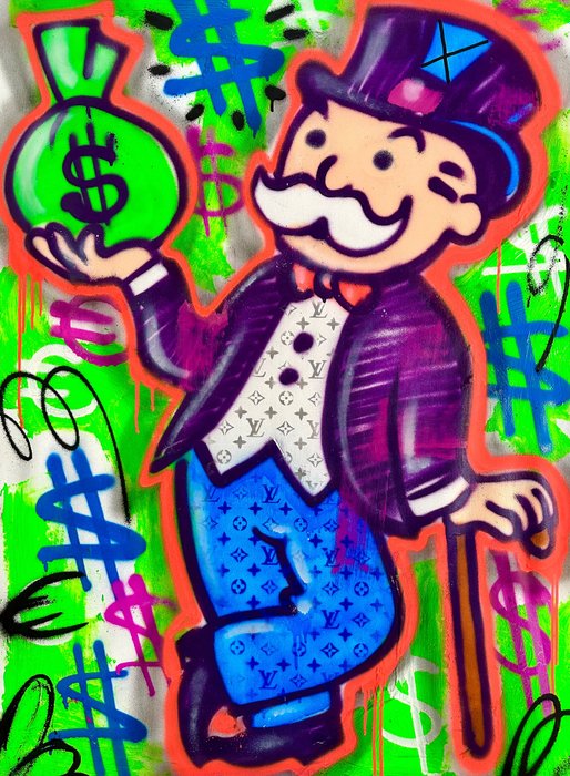 Preview of the first image of Doped Out M (1988) - Monopoly Man - Money bag spraypaint green.