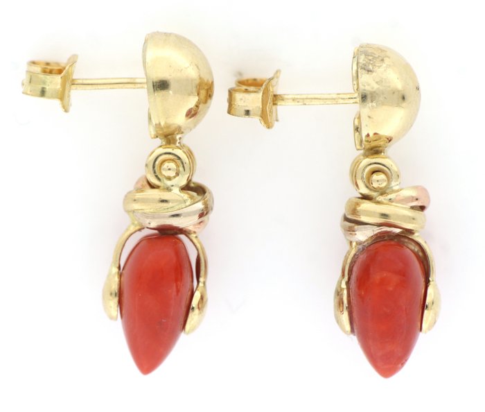 Image 3 of '' No Reserve Price '' - 18 kt. Pink gold, Yellow gold - Earrings - 5.00 ct Coral