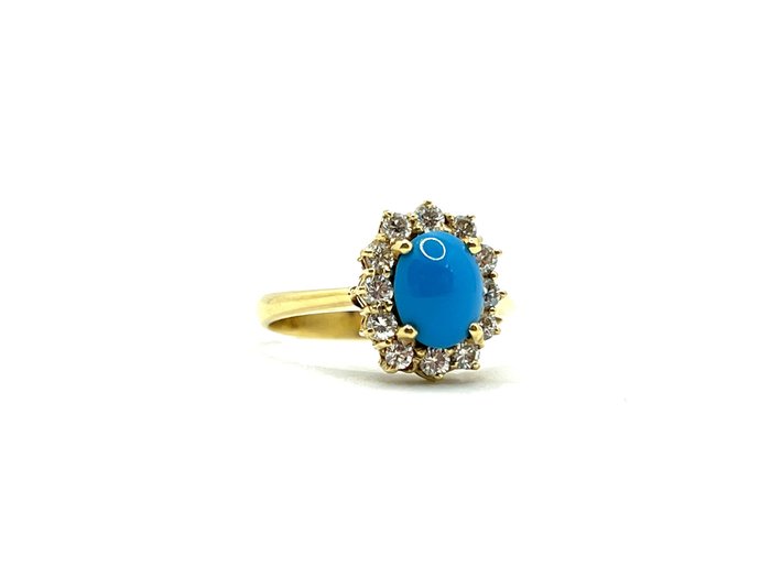 Image 2 of NO RESERVE - 18 kt. Yellow gold - Ring - 0.24 ct Diamond - Turquoises