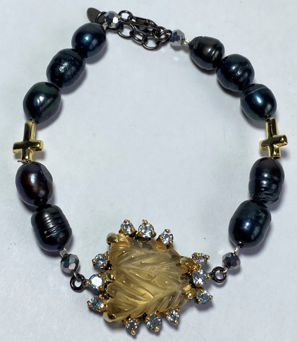 Image 3 of Exclusive bracelet from Black Pearl with Citrine (15 ct) - and Blue Topaz ,TOP QUALITY, with crosse