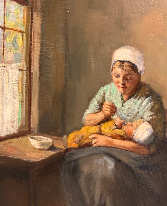 Image 3 of Henrikus van Langen (1874-1964) - Moeder en kind in oud interieur