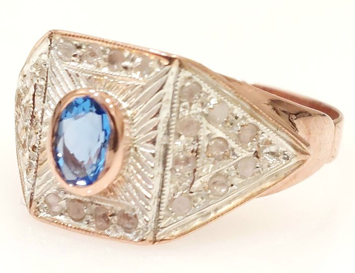 Image 2 of "NO RESERVE PRICE" - Art Déco - 9 kt. Pink gold, Silver - Ring - 0.60 ct Sapphire - Diamonds