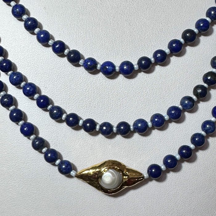 Image 2 of Exclusivenecklace , fromLapis Lazurite andWhite Pearl - withGreek crosses from Hematite (protection
