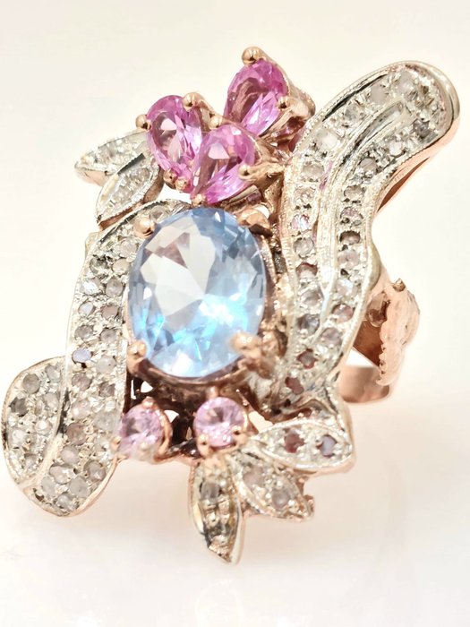 Image 2 of "NO RESERVE PRICE" - 9 kt. Pink gold, Silver - Ring - 3.00 ct Aquamarine - Diamonds, Tourmalines