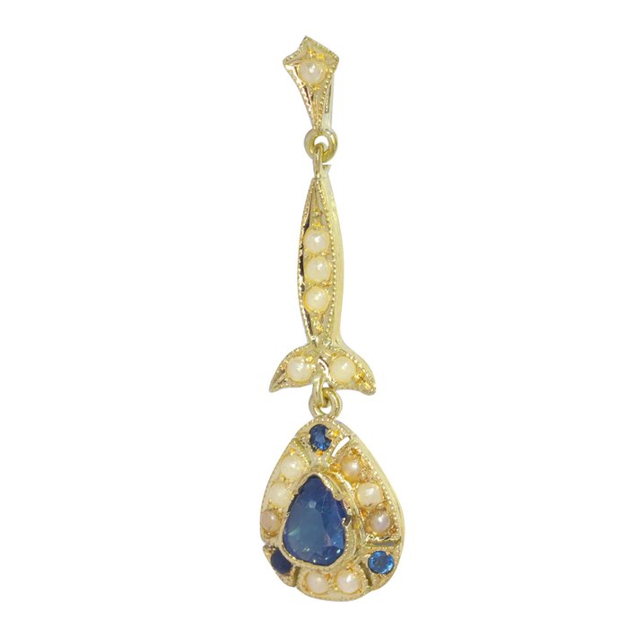 Image 2 of NO RESERVE PRICE - 18 kt. Yellow gold - Pendant Sapphire - Pearl, Vintage anno 1940