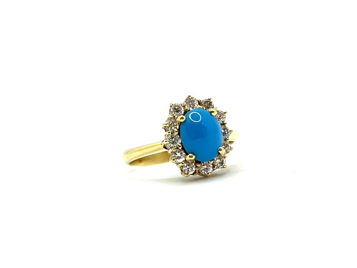 Preview of the first image of NO RESERVE - 18 kt. Yellow gold - Ring - 0.24 ct Diamond - Turquoises.