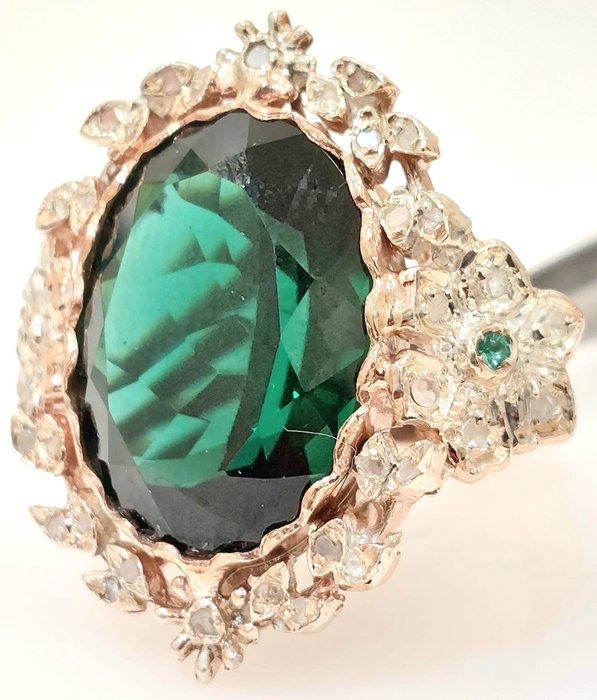Image 2 of "NO RESERVE PRICE" - 9 kt. Pink gold, Silver - Ring - 8.00 ct Emerald - Diamonds, Emeralds