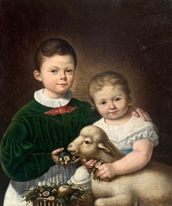 Preview of the first image of European School (XIX) - Double Portrait of Children with a small Lamb.