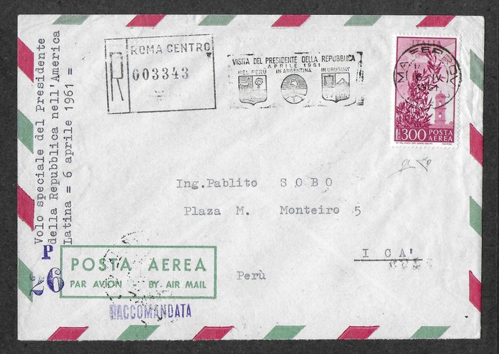 Preview of the first image of Italian Republic 1961 - 300 lire airmail circulated to Ica (Peru) with special flight of President.
