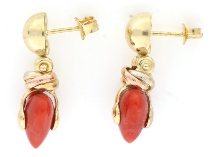 Image 2 of '' No Reserve Price '' - 18 kt. Pink gold, Yellow gold - Earrings - 5.00 ct Coral